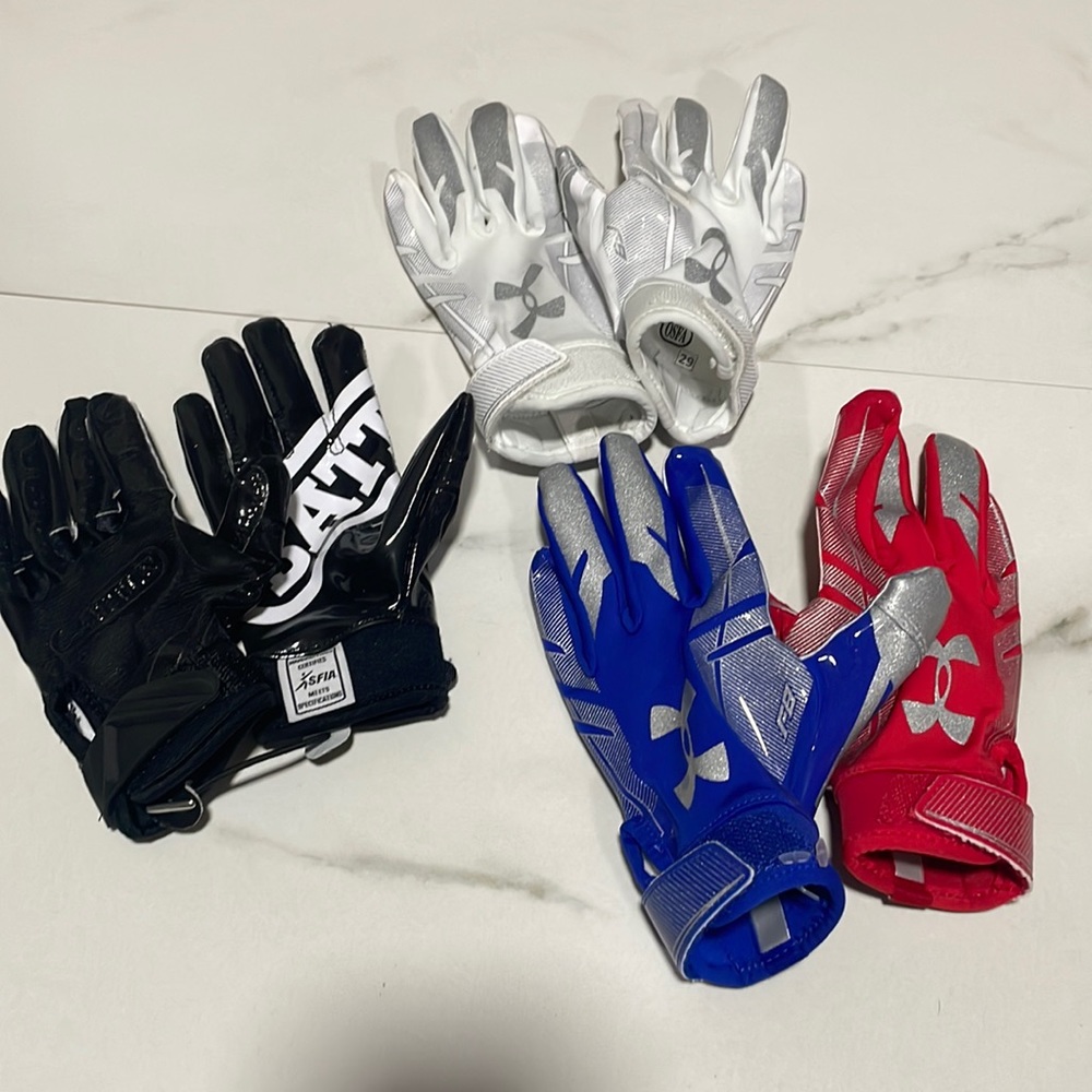 Little kids football glue grip gloves. Lot of three sets. Black XS, UA S.